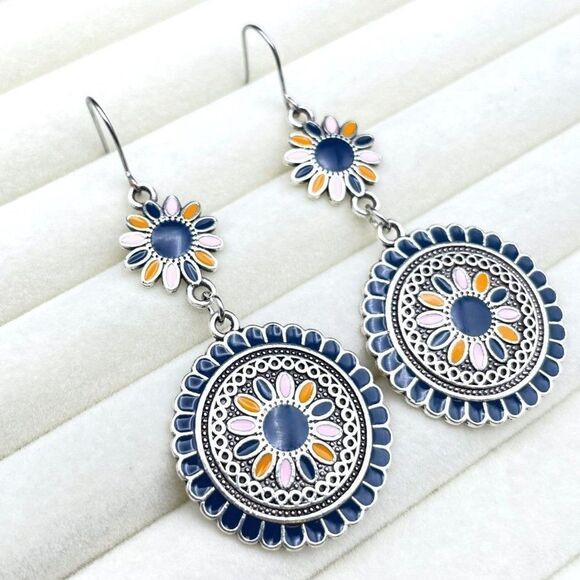 Silver with Blue Pink and Orange Enamel Dangling Boho Flower Drop Hook Earrings - Picture 6 of 9
